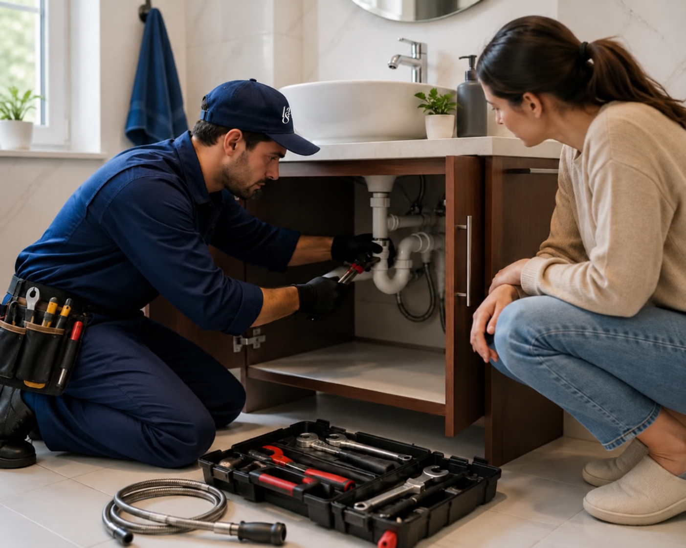 LSH agent repairing pipes beneath a sink